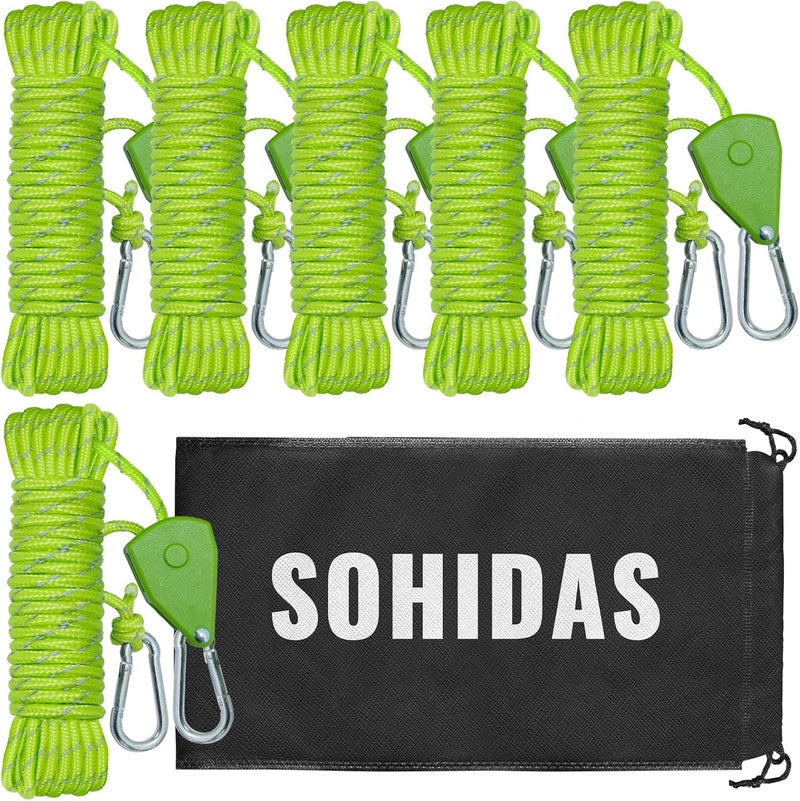 SOHIDAS Camping Rope Reflective Tent Rope Guyline with Ratchet Pulley, Tarp Tie Down Ropes for Tent Tarp, Canopy Shelter, Camping, 13ft Adjustable Guy Line for Canopy Tent 6 Pack Guy Lines Tents Cords - Image 1